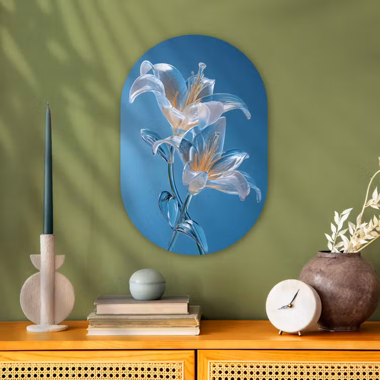 Lelies - Blauw - Glazen Wandcirkel Ovaal Forex klein -sfeer2