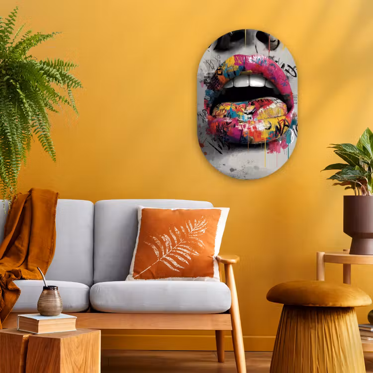 Lippen - Graffiti - Expressief Wandcirkel Ovaal Forex klein -sfeer4