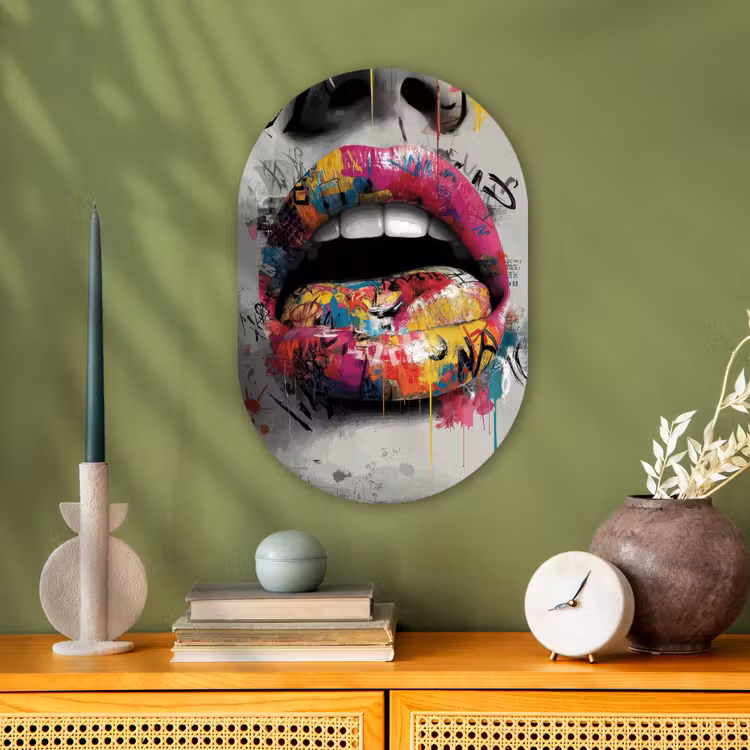 Lippen - Graffiti - Expressief Wandcirkel Ovaal Forex klein -sfeer2
