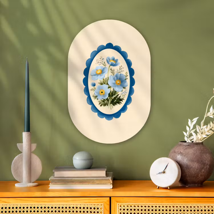 Lijst - Bloemen - Lichtblauw - Illustratie Wandcirkel Ovaal Forex klein -sfeer2
