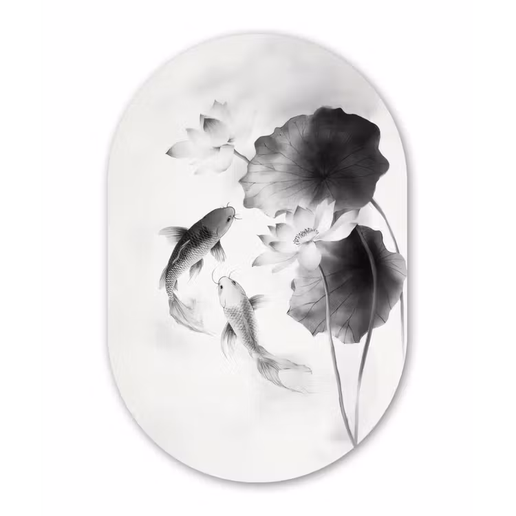 Lotusbloemen - Vissen - Bladeren - Zwart Wandcirkel Ovaal Forex klein -3d