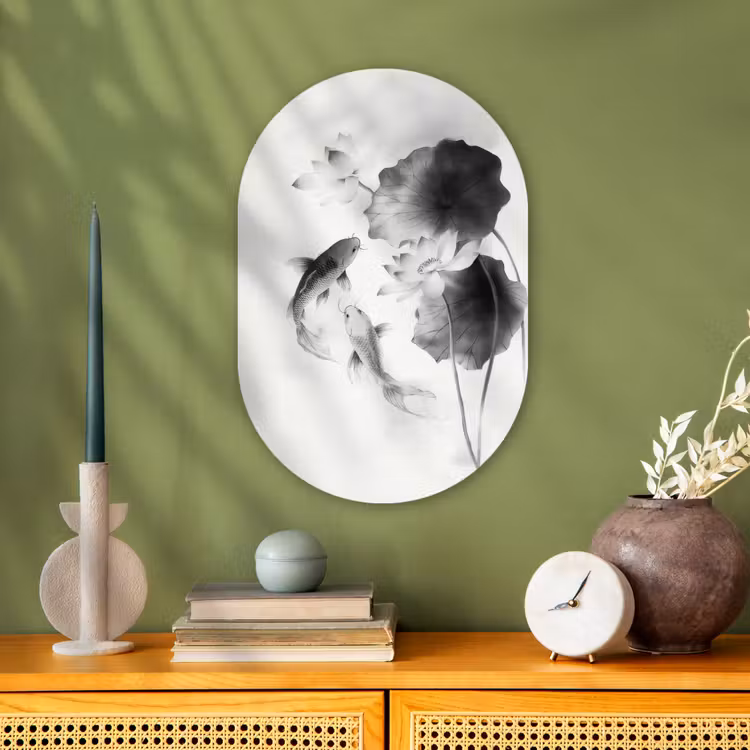 Lotusbloemen - Vissen - Bladeren - Zwart Wandcirkel Ovaal Forex klein -sfeer2