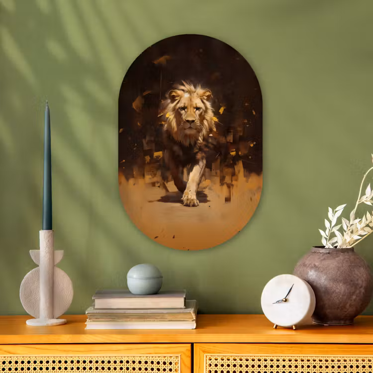 Leeuw - Geschilderd - Abstract - Goud Wandcirkel Ovaal Forex klein -sfeer2
