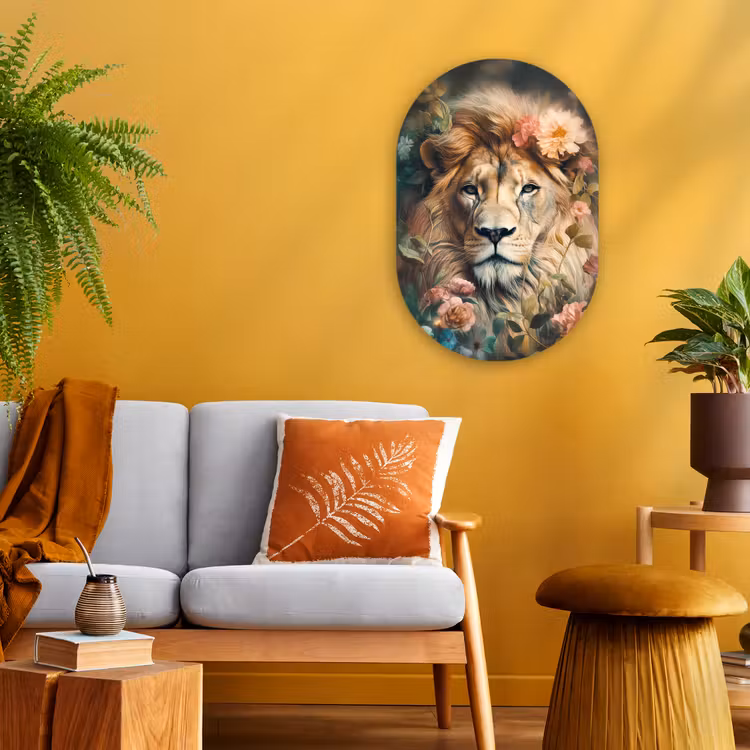 Leeuw - Leeuwenkop - Wilde dieren - Bloemen Wandcirkel Ovaal Forex klein -sfeer4