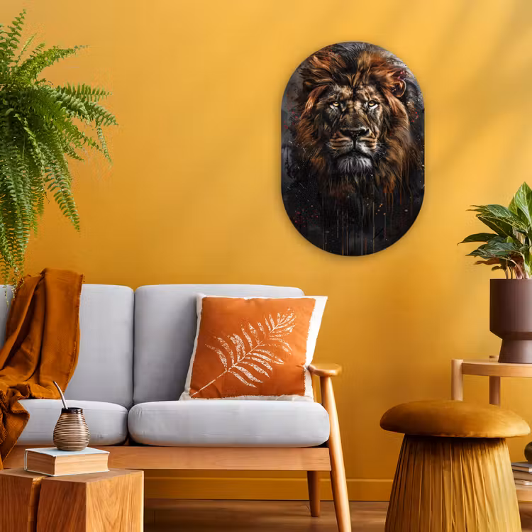 Leeuw - Dieren - Portret - Zwart - Luxe Wandcirkel Ovaal Forex klein -sfeer4