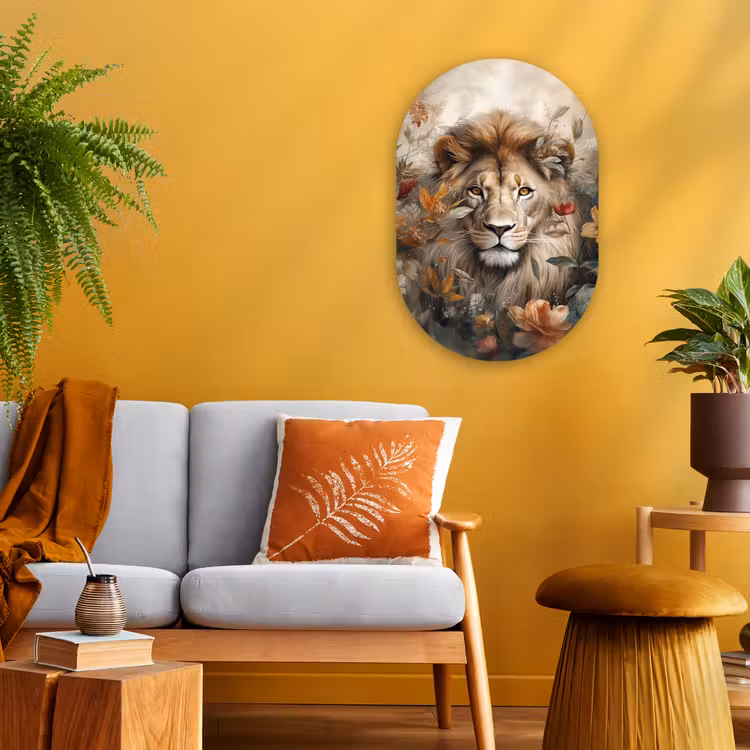 Leeuw - Wilde dieren - Planten - Natuur - Bloemen Wandcirkel Ovaal Forex klein -sfeer4