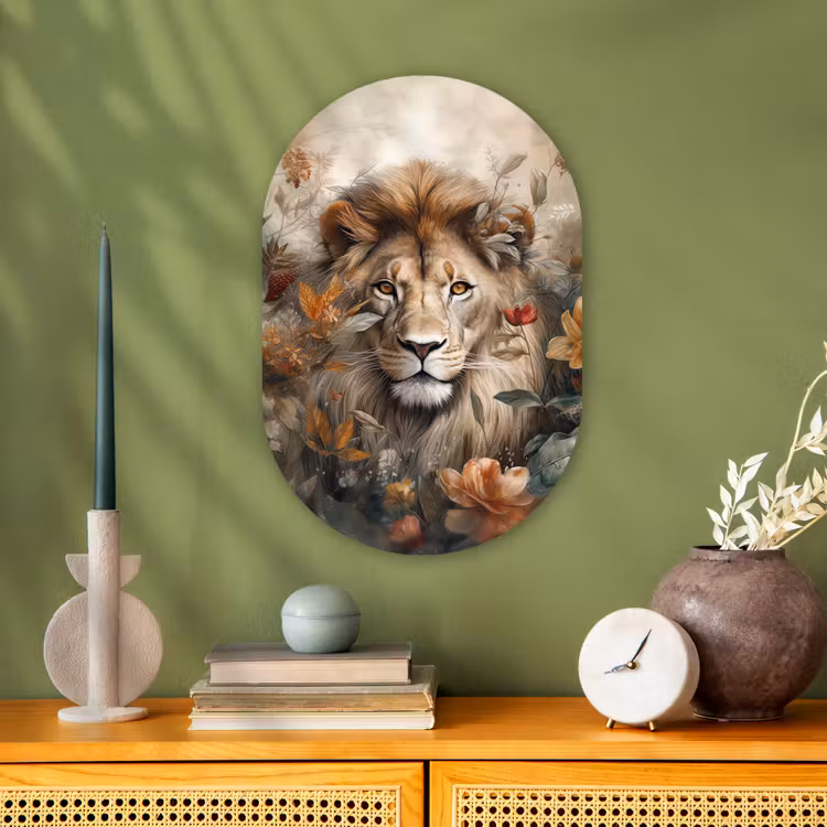 Leeuw - Wilde dieren - Planten - Natuur - Bloemen Wandcirkel Ovaal Forex klein -sfeer2
