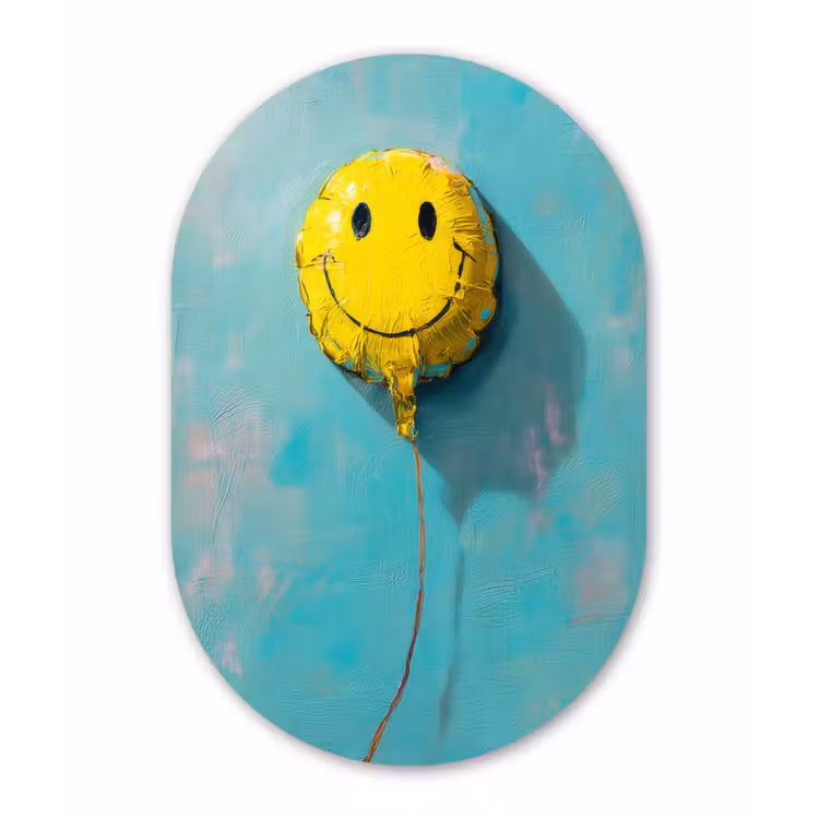 Ballon - Geel - Smiley Wandcirkel Ovaal Forex klein -3d