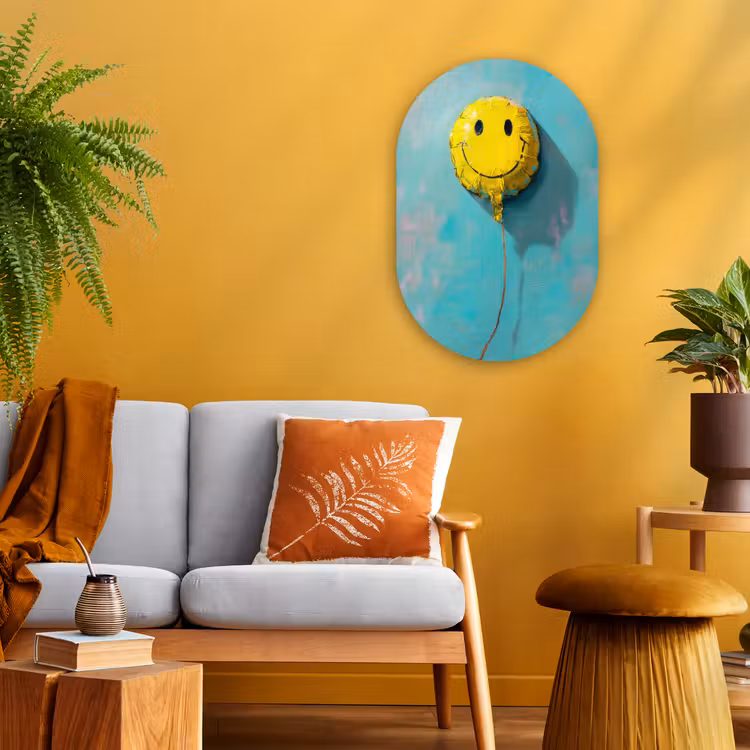 Ballon - Geel - Smiley Wandcirkel Ovaal Forex klein -sfeer4
