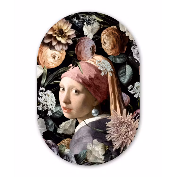 Meisje met de parel - Bloemen - Vermeer - Pastel - Kunstwerk - Schilderij - Oude meesters Wandcirkel Ovaal Forex klein -3d