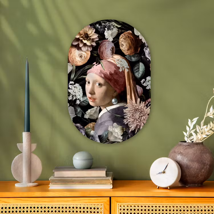 Meisje met de parel - Bloemen - Vermeer - Pastel - Kunstwerk - Schilderij - Oude meesters Wandcirkel Ovaal Forex klein -sfeer2
