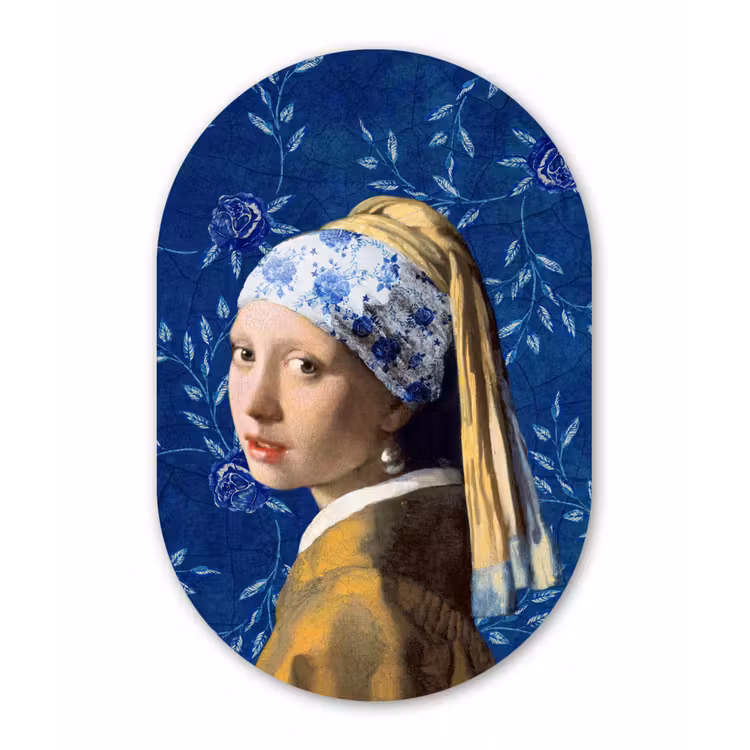 Meisje met de parel - Delfts blauw - Vermeer - Bloemen - Schilderij - Oude meesters Wandcirkel Ovaal Forex klein -3d