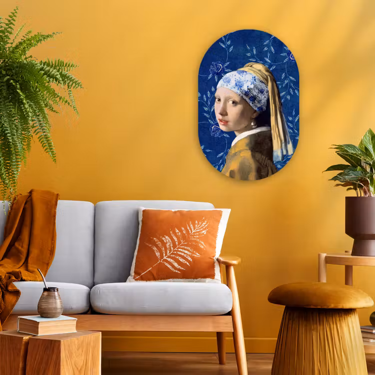 Meisje met de parel - Delfts blauw - Vermeer - Bloemen - Schilderij - Oude meesters Wandcirkel Ovaal Forex klein -sfeer4