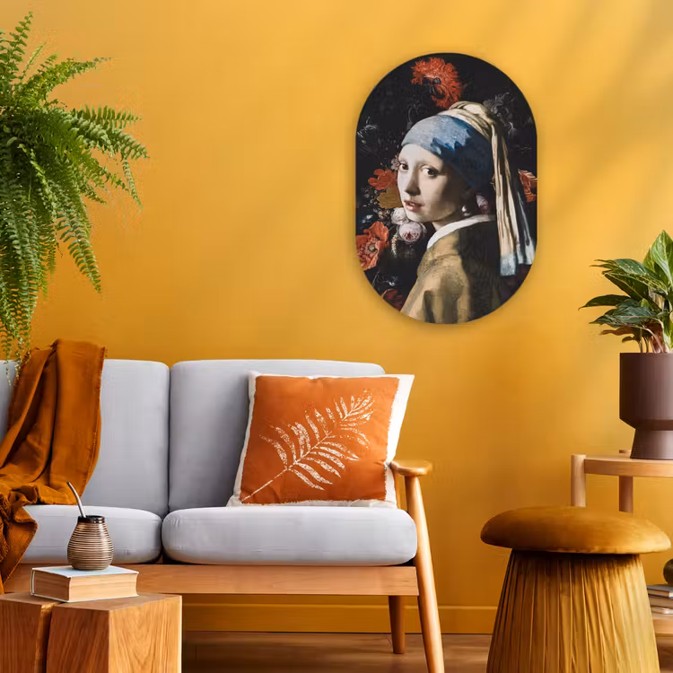 Meisje met de parel - Johannes Vermeer - Bloemen - Rood Wandcirkel Ovaal Forex klein -sfeer4