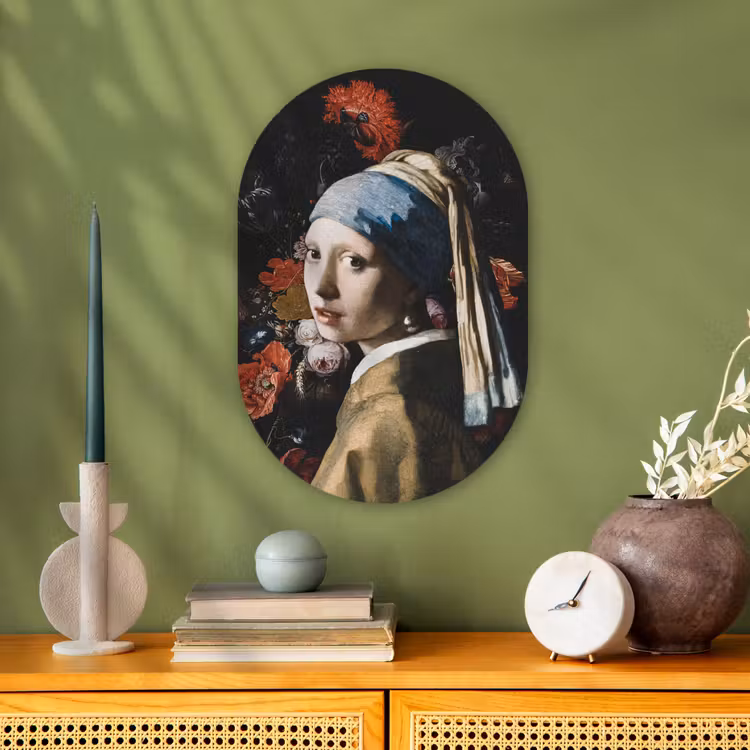 Meisje met de parel - Johannes Vermeer - Bloemen - Rood Wandcirkel Ovaal Forex klein -sfeer2