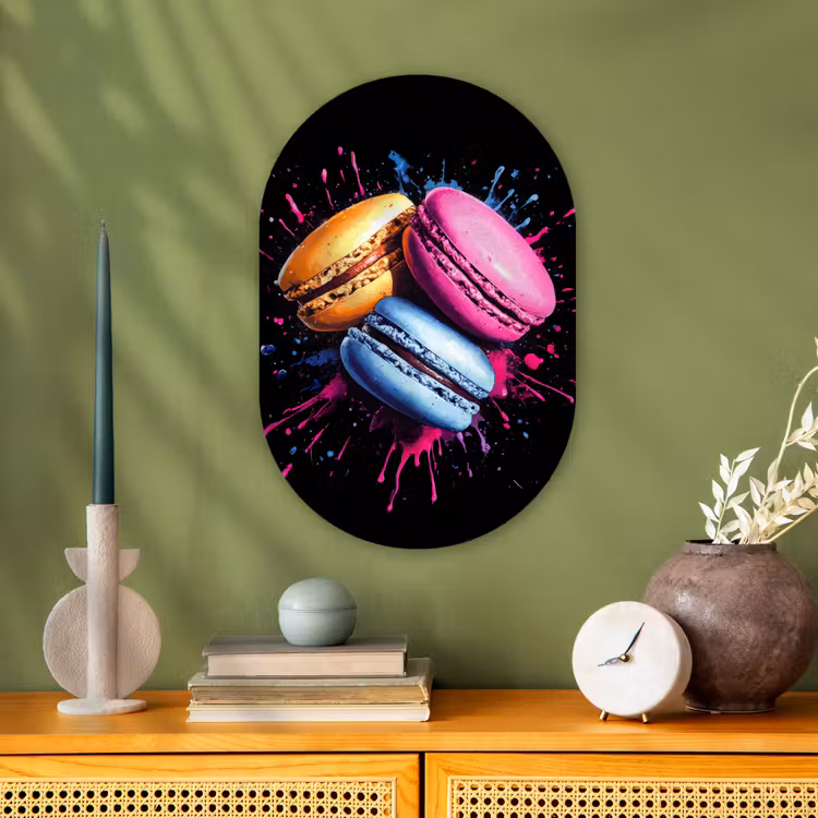 Macarons - Dessert - Graffiti - Kleurrijk - Roze - Blauw - Geel Wandcirkel Ovaal Forex klein -sfeer2