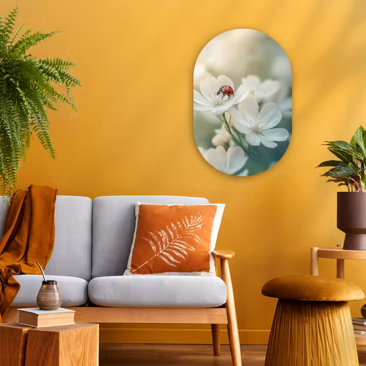 Lieveheersbeestje - Bloemen - Wit Wandcirkel Ovaal Forex klein -sfeer4