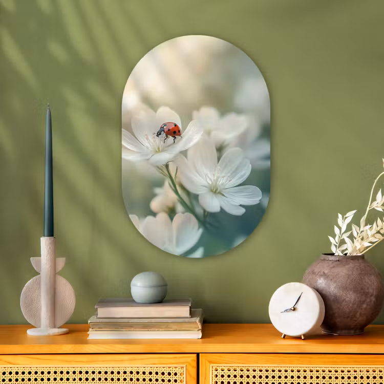 Lieveheersbeestje - Bloemen - Wit Wandcirkel Ovaal Forex klein -sfeer2