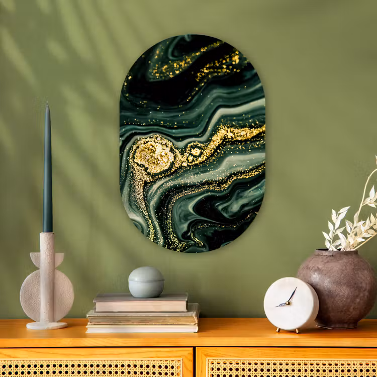 Marmer - Goud - Glitter - Groen - Marmerlook - Luxe Wandcirkel Ovaal Forex klein -sfeer2