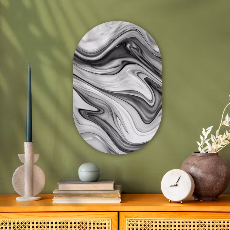 Marmer - Patronen - Grijs - Marmerlook - Zwart Wandcirkel Ovaal Forex klein -sfeer2