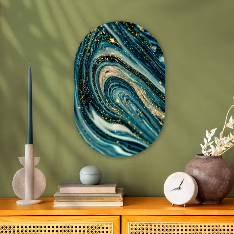 Marmerlook - Luxe - Goud - Turquoise - Glitter Wandcirkel Ovaal Forex klein -sfeer2