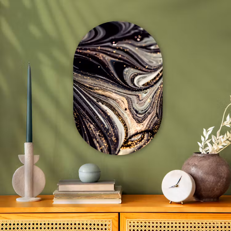 Marmerlook - Zwart - Goud - Wit - Glitter - Marmer Wandcirkel Ovaal Forex klein -sfeer2