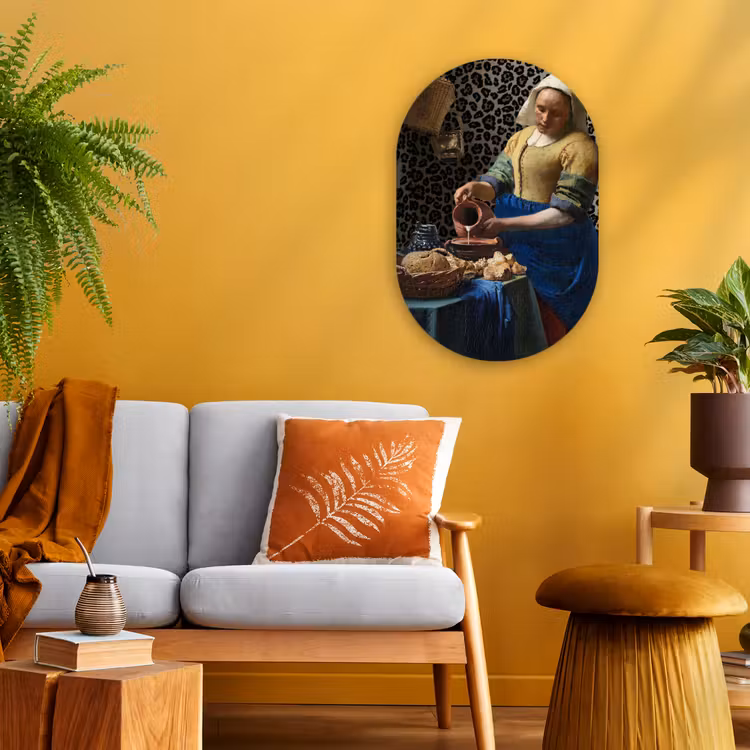Melkmeisje - Kunst - Panterprint - Vermeer - Schilderij - Oude meesters Wandcirkel Ovaal Forex klein -sfeer4