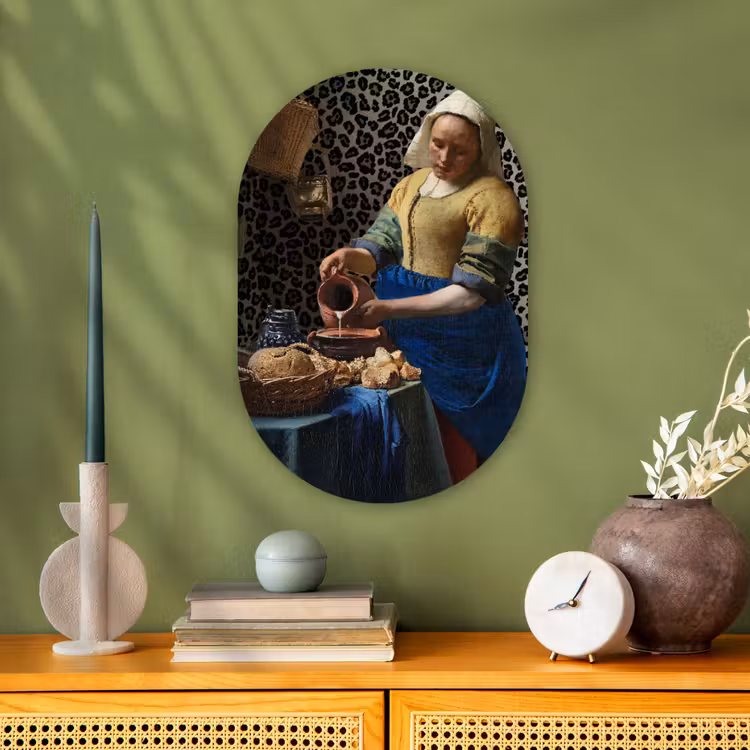 Melkmeisje - Kunst - Panterprint - Vermeer - Schilderij - Oude meesters Wandcirkel Ovaal Forex klein -sfeer2