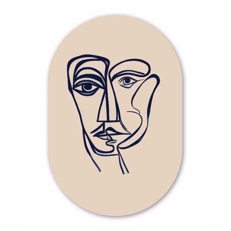 Minimalistisch - Lijnillustratie - Beige - Donkerblauw Wandcirkel Ovaal Forex klein -3d