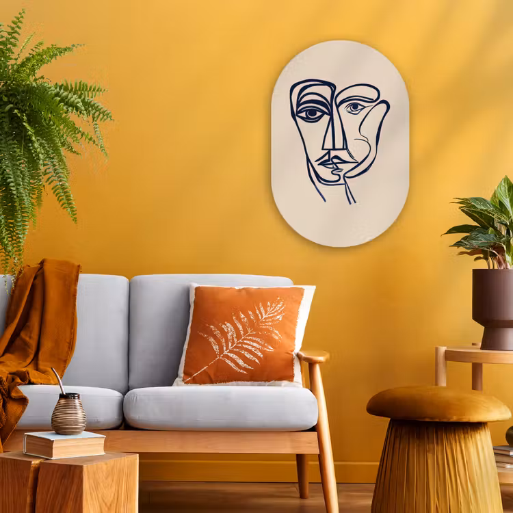 Minimalistisch - Lijnillustratie - Beige - Donkerblauw Wandcirkel Ovaal Forex klein -sfeer4