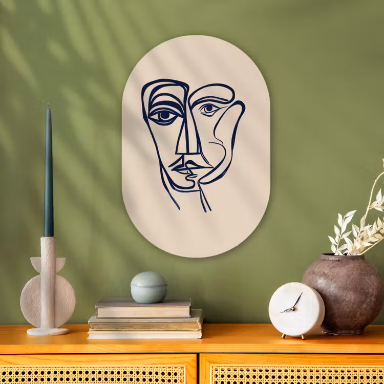 Minimalistisch - Lijnillustratie - Beige - Donkerblauw Wandcirkel Ovaal Forex klein -sfeer2
