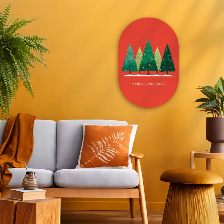 Minimalistisch - Kerstbomen - Rood - Sneeuw Wandcirkel Ovaal Forex klein -sfeer4