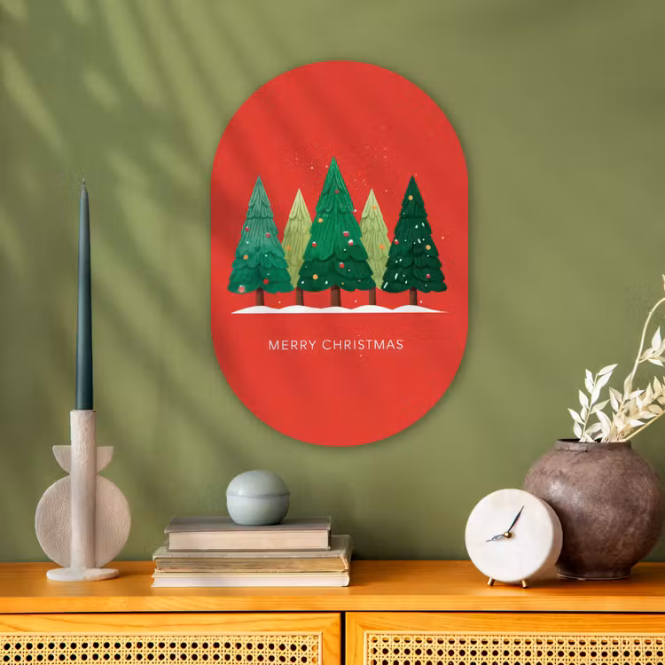 Minimalistisch - Kerstbomen - Rood - Sneeuw Wandcirkel Ovaal Forex klein -sfeer2