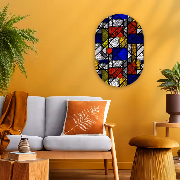 Mondriaan - Glas in lood - Oude Meesters - Kunstwerk - Abstract - Schilderij Wandcirkel Ovaal Forex klein -sfeer4