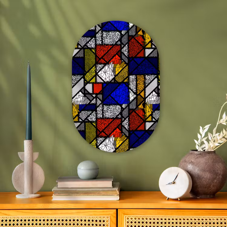Mondriaan - Glas in lood - Oude Meesters - Kunstwerk - Abstract - Schilderij Wandcirkel Ovaal Forex klein -sfeer2