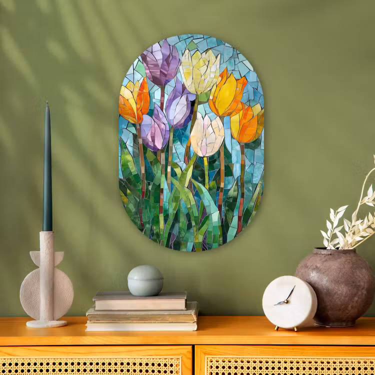 Mozaïek - Veld - Tulpen - Kleurrijk Wandcirkel Ovaal Forex klein -sfeer2
