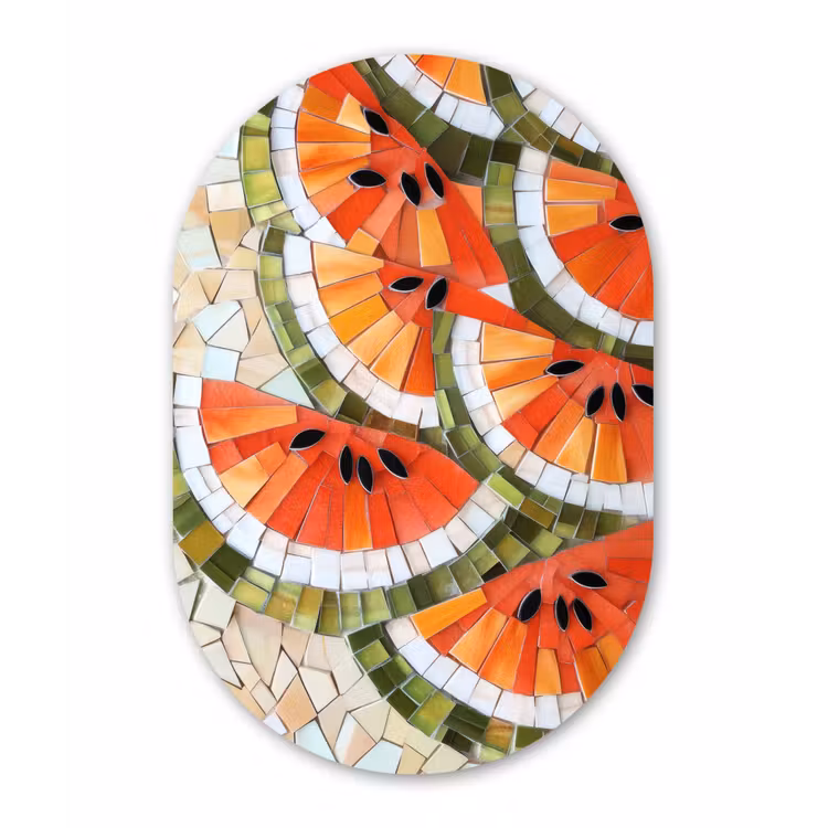 Mozaïek - Watermeloen - Rood - Pitten Wandcirkel Ovaal Forex klein -3d