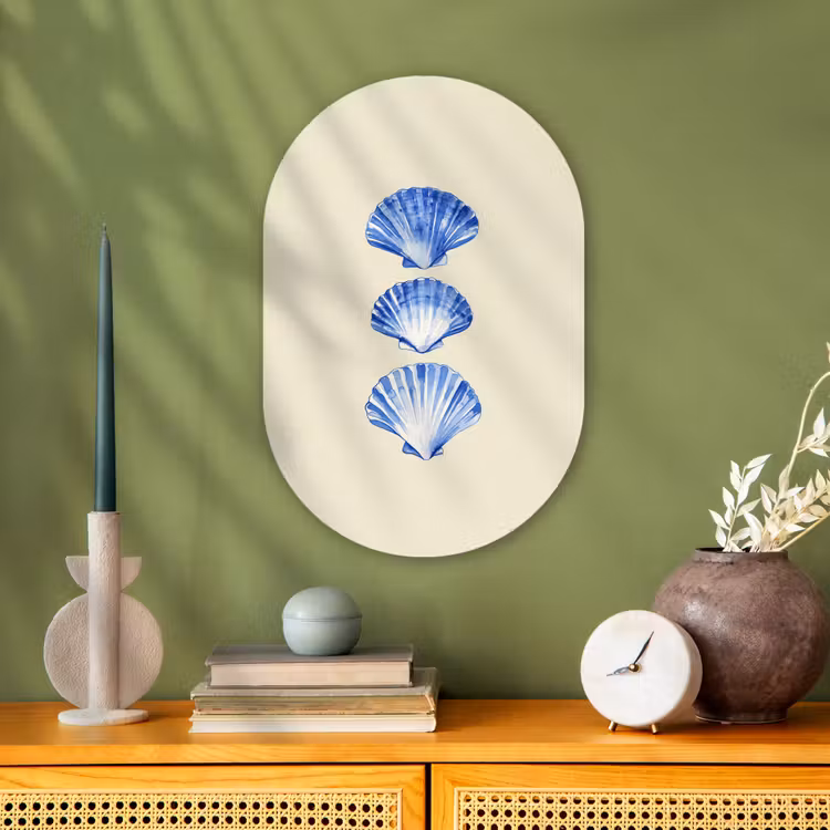 Schelpen - Blauw - Beige Wandcirkel Ovaal Forex klein -sfeer2