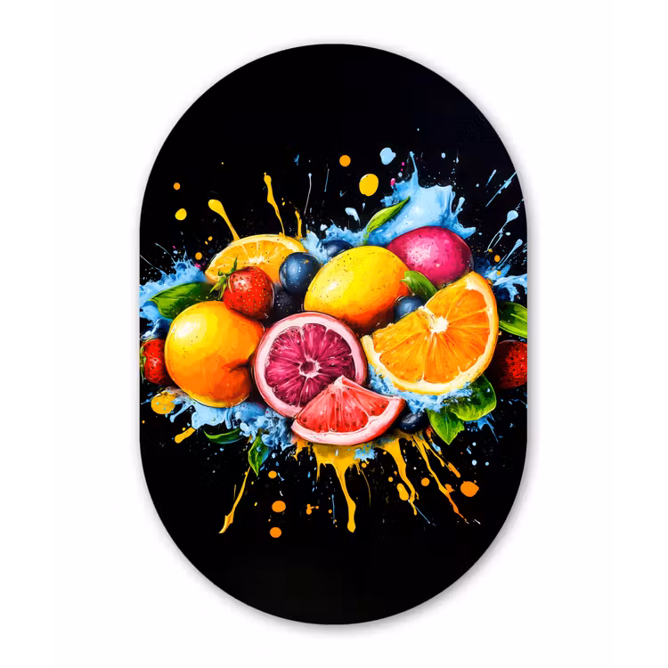 Fruit - Graffiti - Kleurrijk - Sinaasappel - Aardbei - Abstract Wandcirkel Ovaal Forex klein -3d