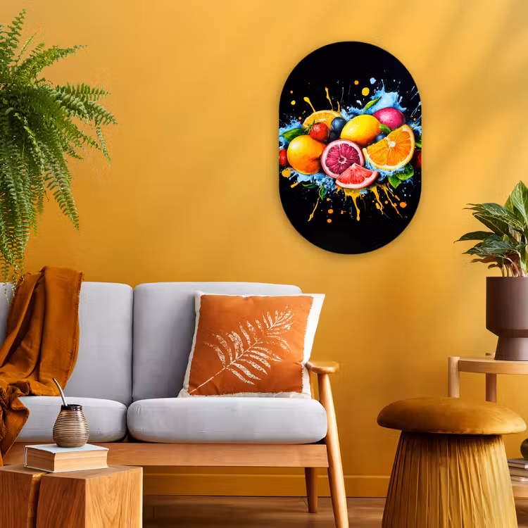 Fruit - Graffiti - Kleurrijk - Sinaasappel - Aardbei - Abstract Wandcirkel Ovaal Forex klein -sfeer4
