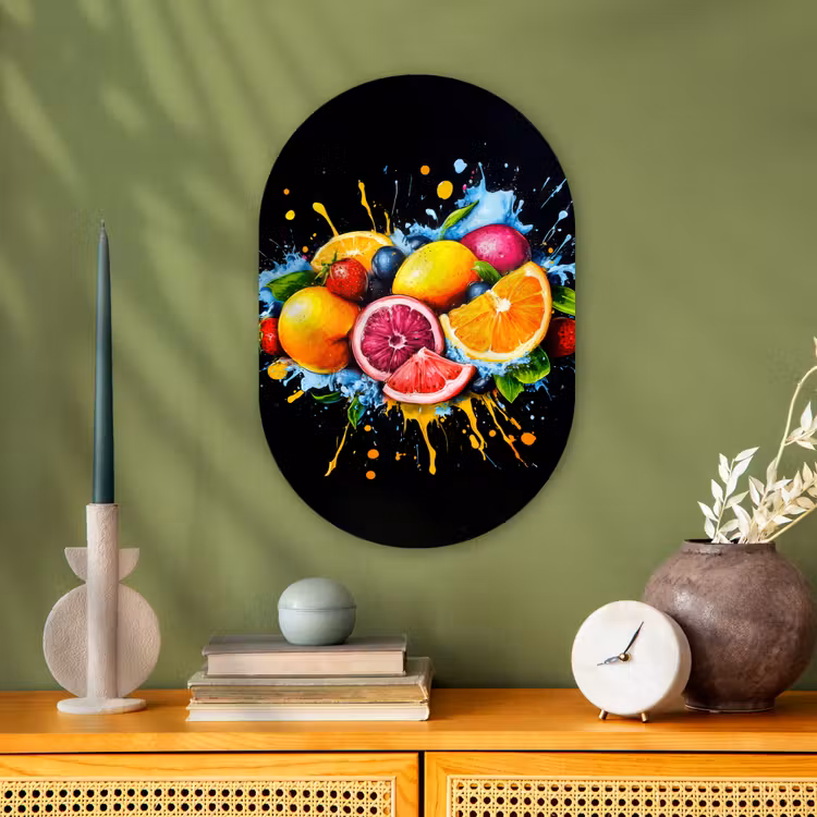 Fruit - Graffiti - Kleurrijk - Sinaasappel - Aardbei - Abstract Wandcirkel Ovaal Forex klein -sfeer2