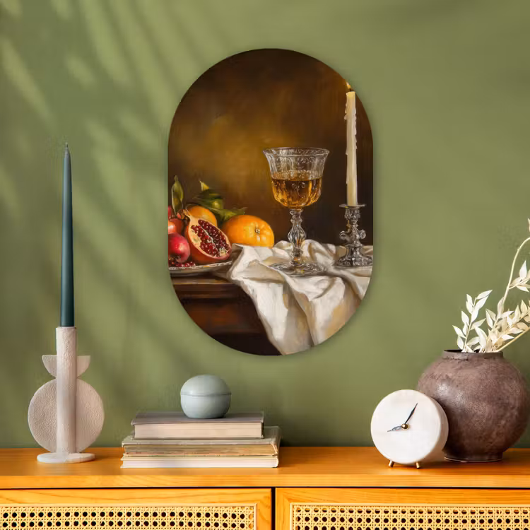 Fruit - Stilleven - Wijn - Kaars Wandcirkel Ovaal Forex klein -sfeer2