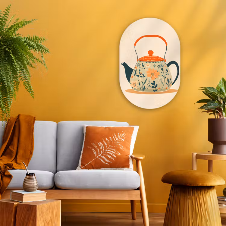 Oranje - Theepot - Bloemen - Bladeren Wandcirkel Ovaal Forex klein -sfeer4