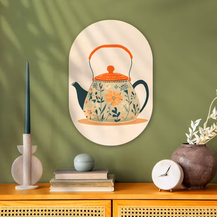 Oranje - Theepot - Bloemen - Bladeren Wandcirkel Ovaal Forex klein -sfeer2
