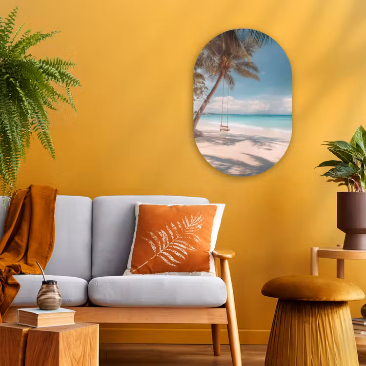 Palmboom - Schommel - Strand - Lucht Wandcirkel Ovaal Forex klein -sfeer4