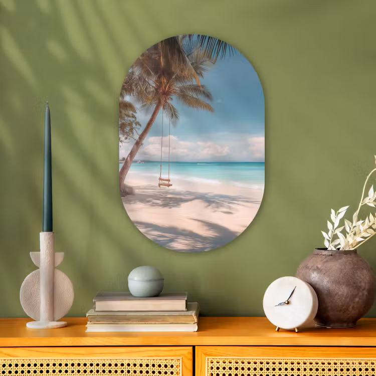 Palmboom - Schommel - Strand - Lucht Wandcirkel Ovaal Forex klein -sfeer2