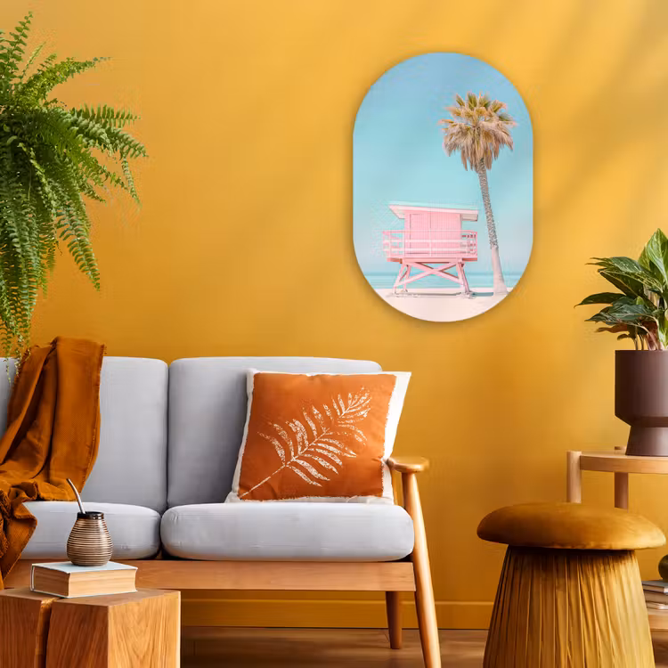 Palmboom - Strandhuis - Roze Wandcirkel Ovaal Forex klein -sfeer4