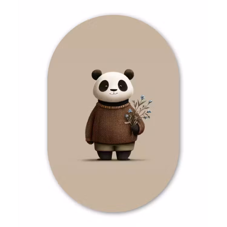 Panda - Blauwe bloemen - Zachtheid Wandcirkel Ovaal Forex klein -3d