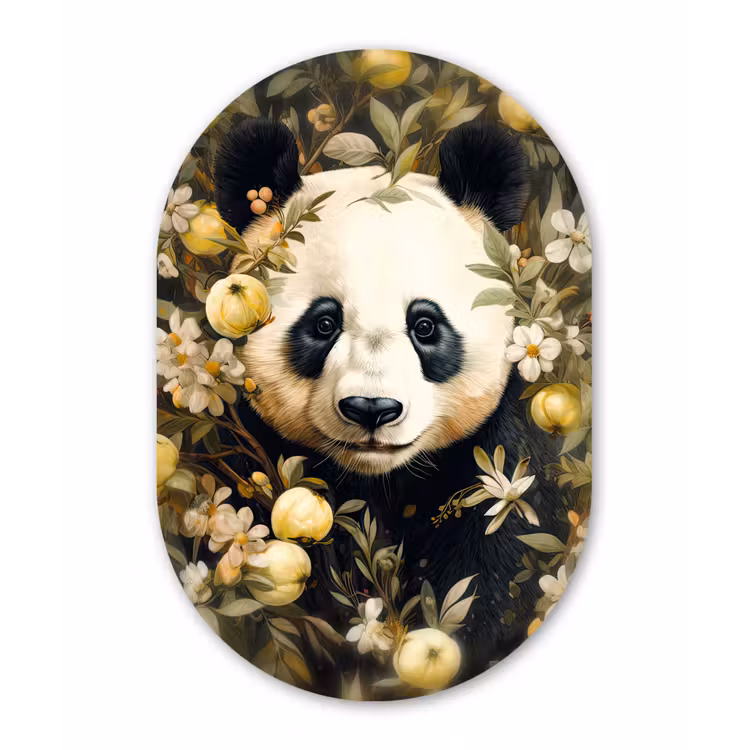 Panda - Pandabeer - Wilde dieren - Natuur - Bloemen Wandcirkel Ovaal Forex klein -3d