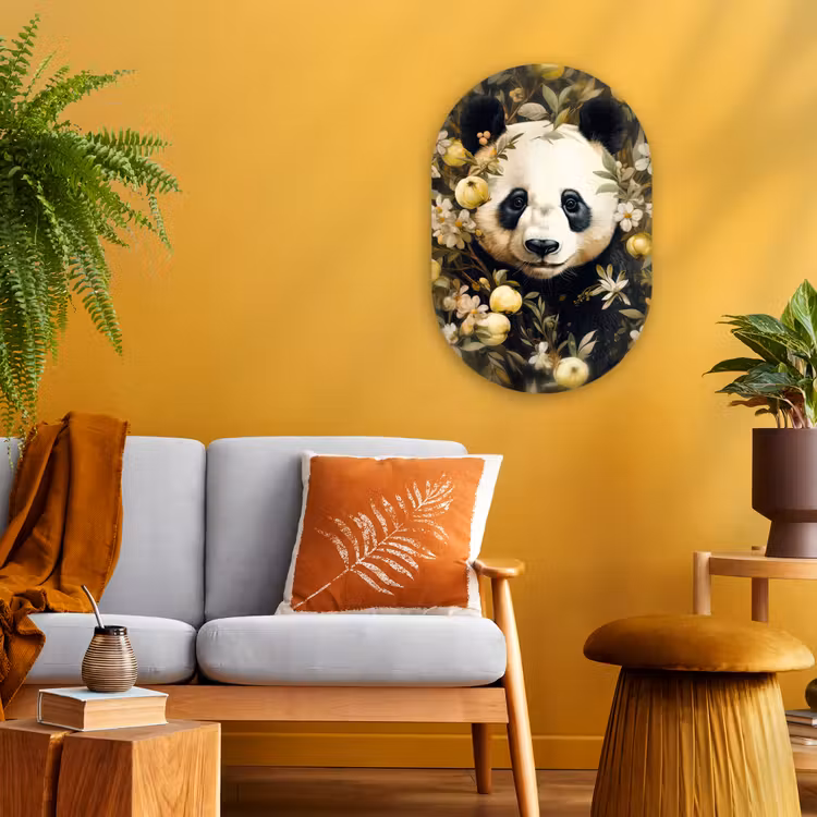 Panda - Pandabeer - Wilde dieren - Natuur - Bloemen Wandcirkel Ovaal Forex klein -sfeer4